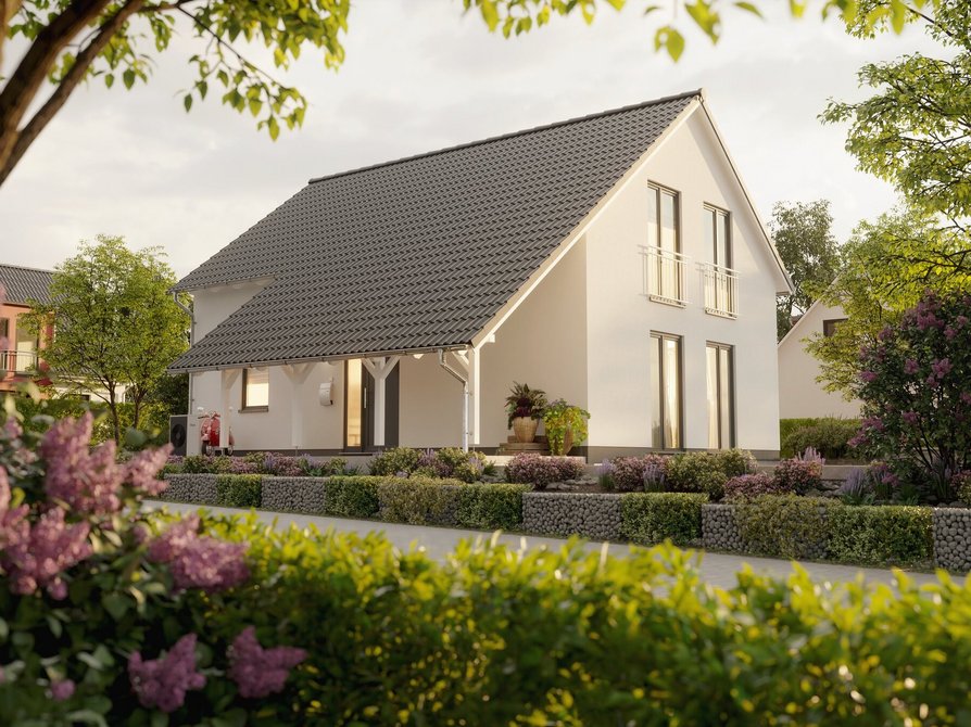 Entdecken Sie das Bodensee 129 mit Blick auf den einladenden Eingangsbereich und optionalen Carport. Bodentiefe Fenster an der Seite bieten Ausblicke in den Garten.